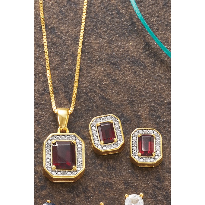 Gemstone/Diamond Shapes Necklace & Earring Set, Garnet, large