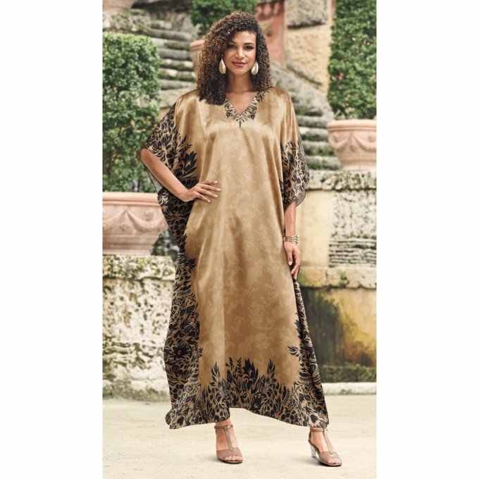 Mi Amor Long V-Neck Caftan with Floral Border, , large