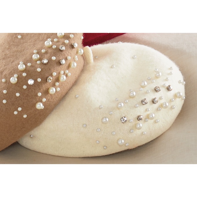 Women's Beret Studded with Faux Pearls and Rhinestones, Ivory, large