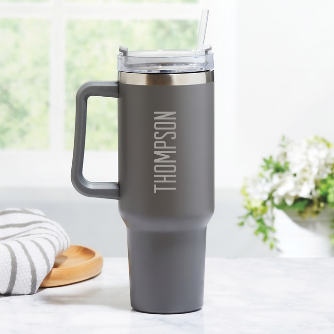 Personalized Block Stainless Steel 40-oz. Travel Mug, Gray, large