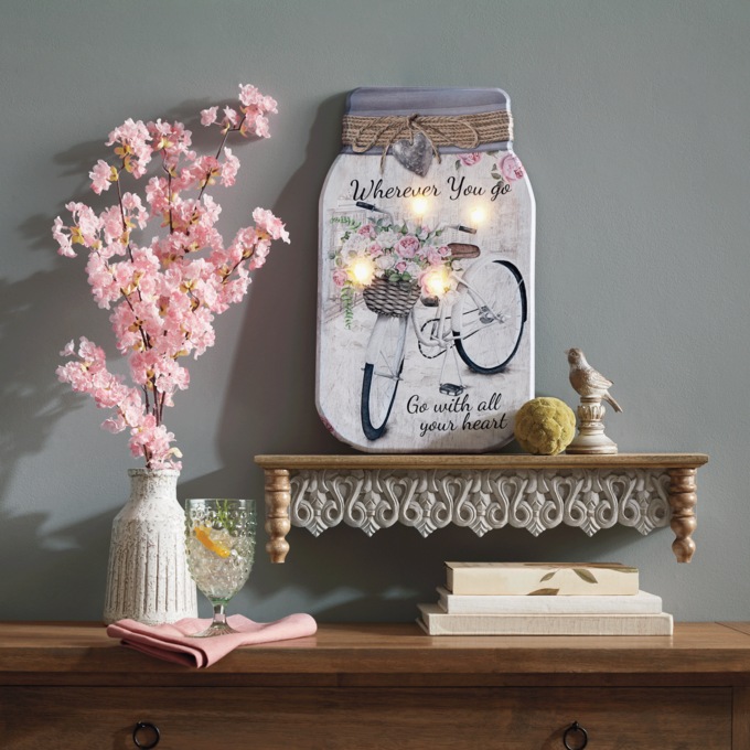 Lit Floral Bicycle Jar Art, , large