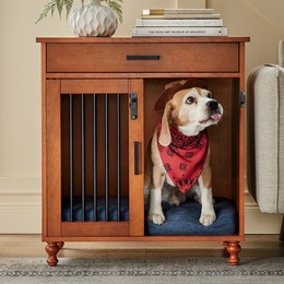 Barn Door Pet Single Kennel with Storage, Walnut, large