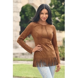 Cheyenne Fringed Faux-Suede Tunic with Lace-Up Details, , large
