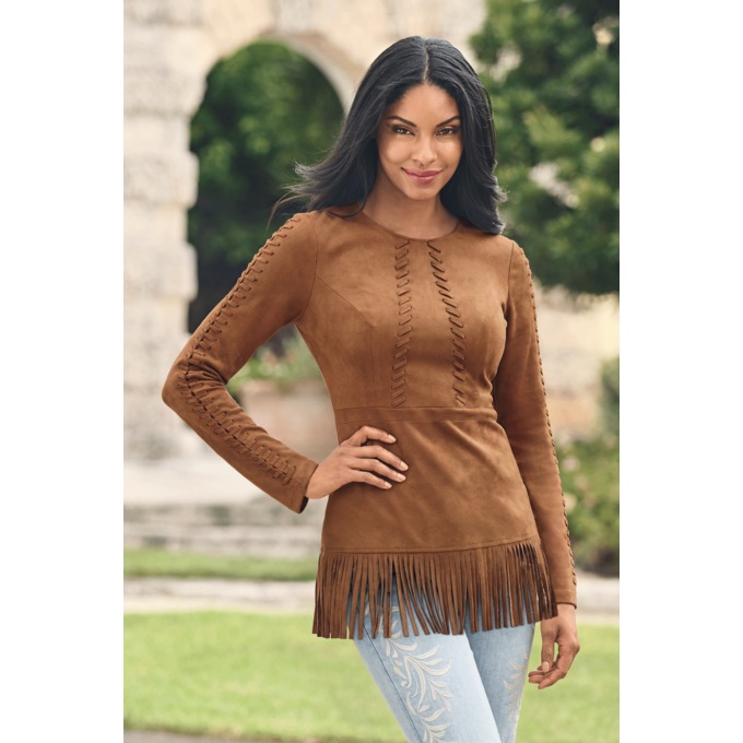 Cheyenne Fringed Faux-Suede Tunic with Lace-Up Details, , large