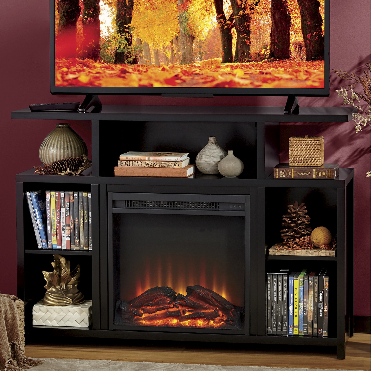 Black Media Storage Tv Stand And Electric Fireplace Seventh Avenue