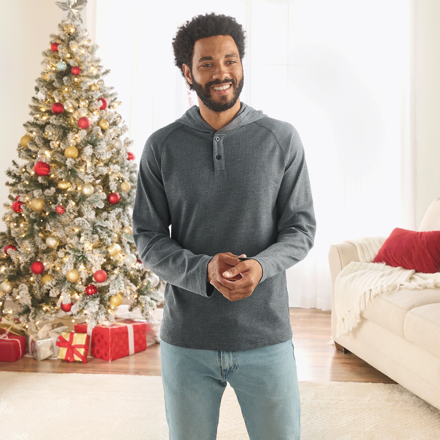 2-Pack Thermal Henley Hoodies with Long Sleeves in Waffle Knit