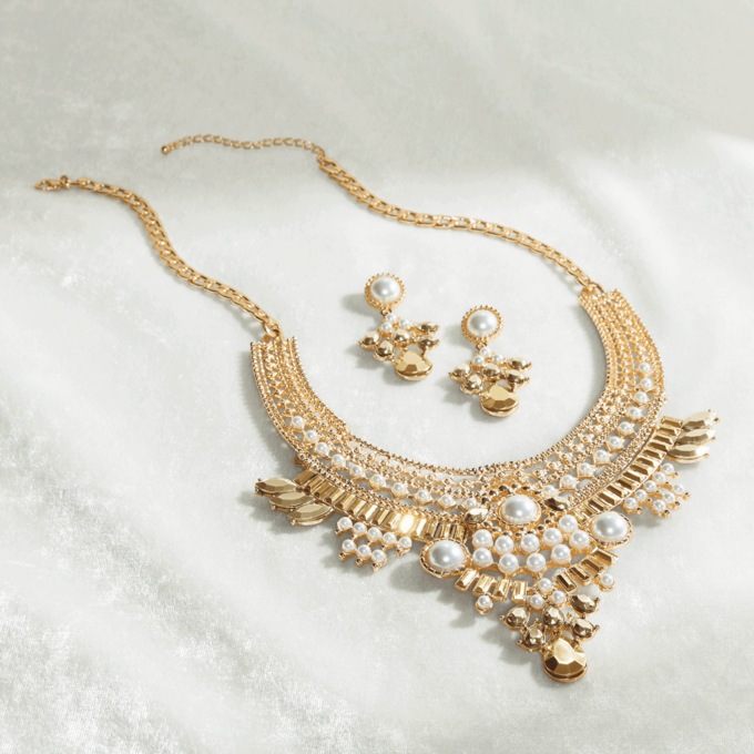 Crystal/Faux-Pearl Necklace & Earring Set, , large