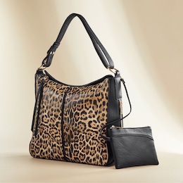 2-Piece Leopard-Print Faux-Leather Handbag &amp; Pouch Set for Women, , large