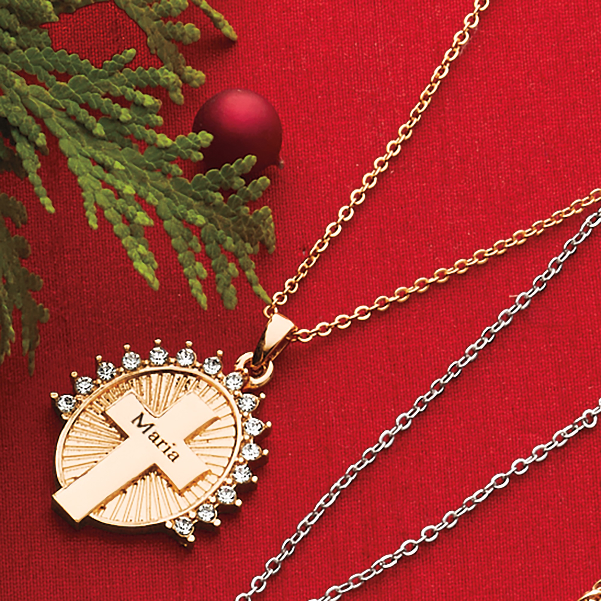 Personalized Crystal Cross/Halo Pendant, Goldtone, large