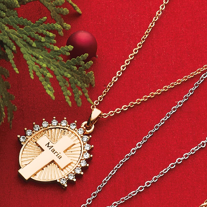 Personalized Crystal Cross/Halo Pendant, , large