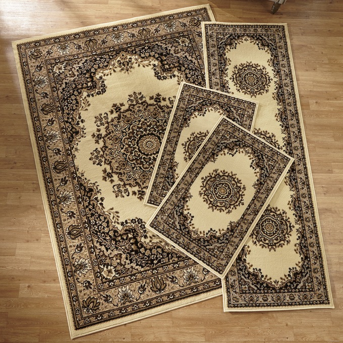 4-Piece Plush Floral Kirman Rug Set with Runner and Mats, , large