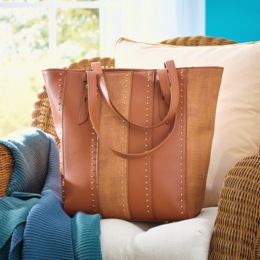 Deco Stitched Faux-Leather Tote, , large