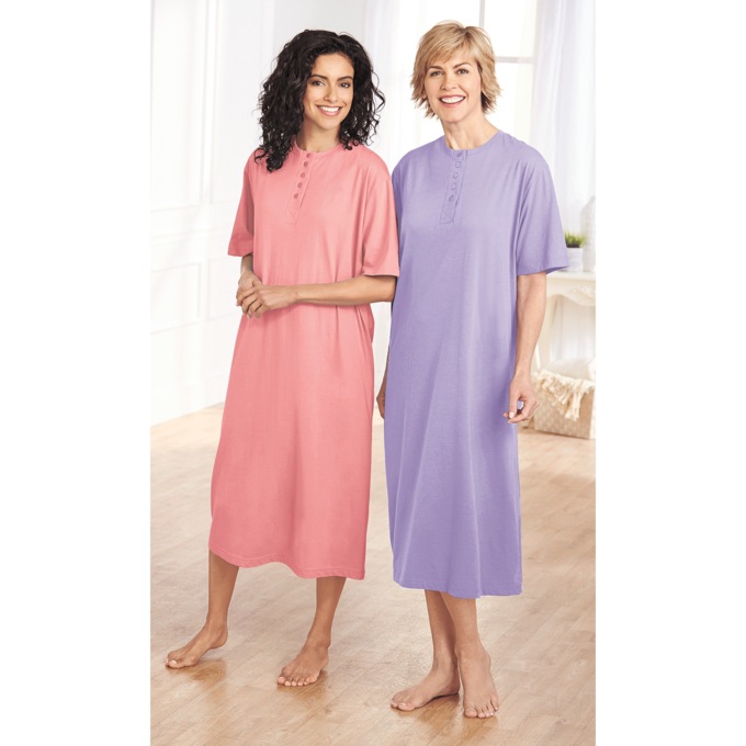 2-Pack Cotton Knit Henley Nightshirts for Women, , large