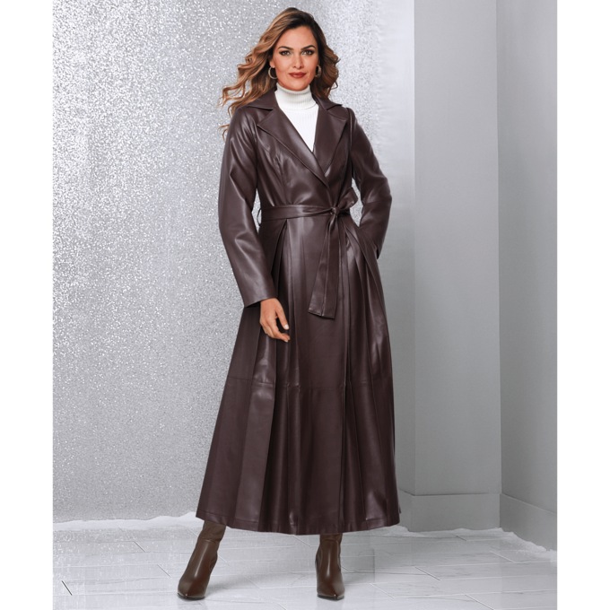 Leah Faux-Leather Women's Full-Length Trench Coat with Belt, , large