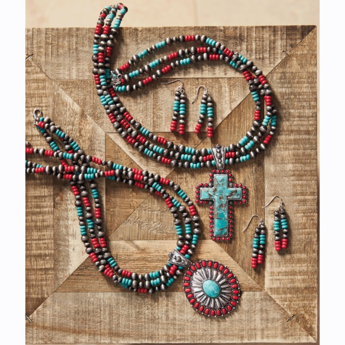 Southwest Faux-Turquoise Pendant Necklace & Earring Set, , large