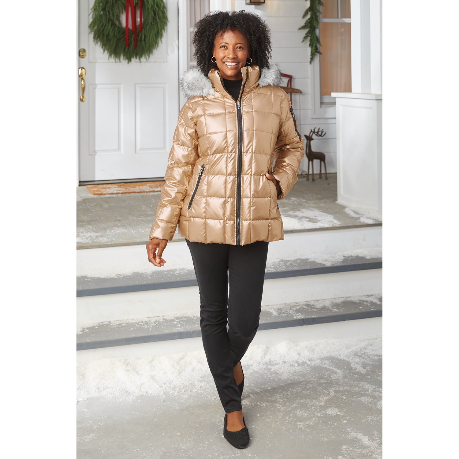 Mia Shiny Puffer Jacket with Faux-Fur Hood | Seventh Avenue