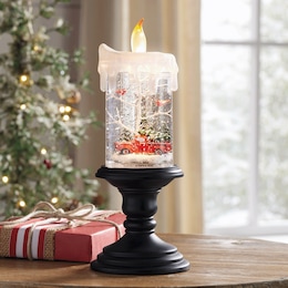 Lit Candle Waterglobe with Red Truck Scene, , large