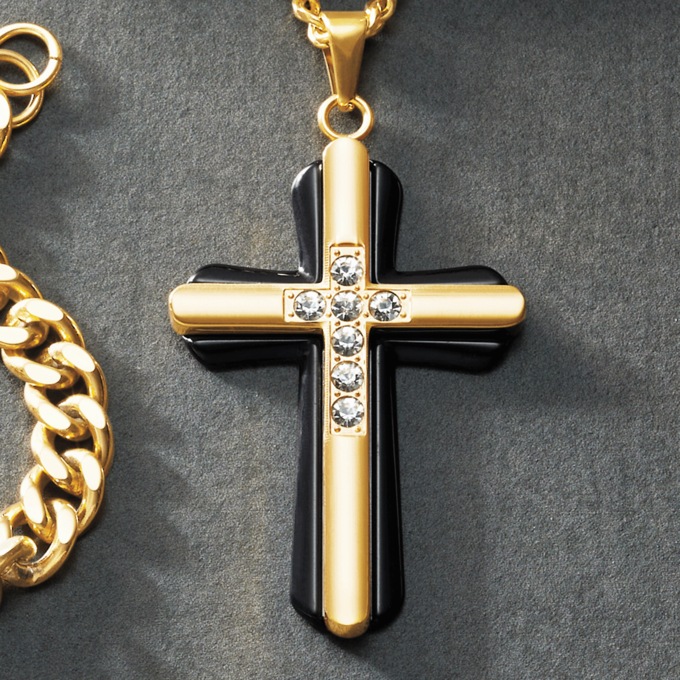 Men's Faith Necklace & Bracelet Set, Black Goldtone, large