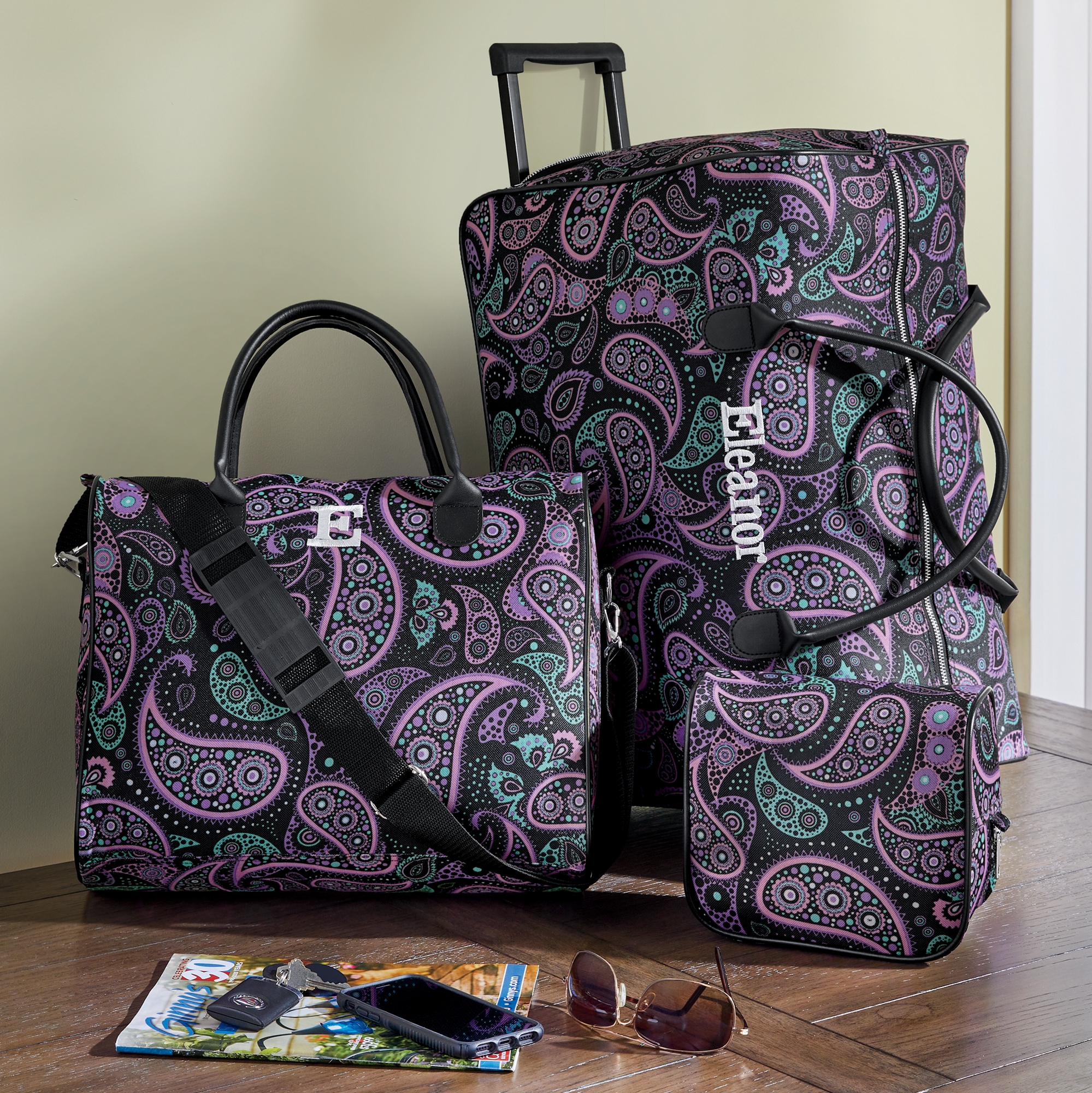 3-Piece Personalized Weekender Luggage Set, Purple Paisley, large