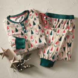 Holiday Gnomes PJ Set in Stretch Velour with Henley Top and Pull-on Pant, , large