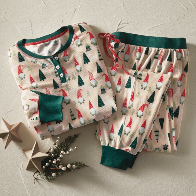 Holiday Gnomes PJ Set in Stretch Velour with Henley Top and Pull-on Pant, , large