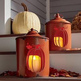 Set of 2 Metal Pumpkin Candleholders, , large