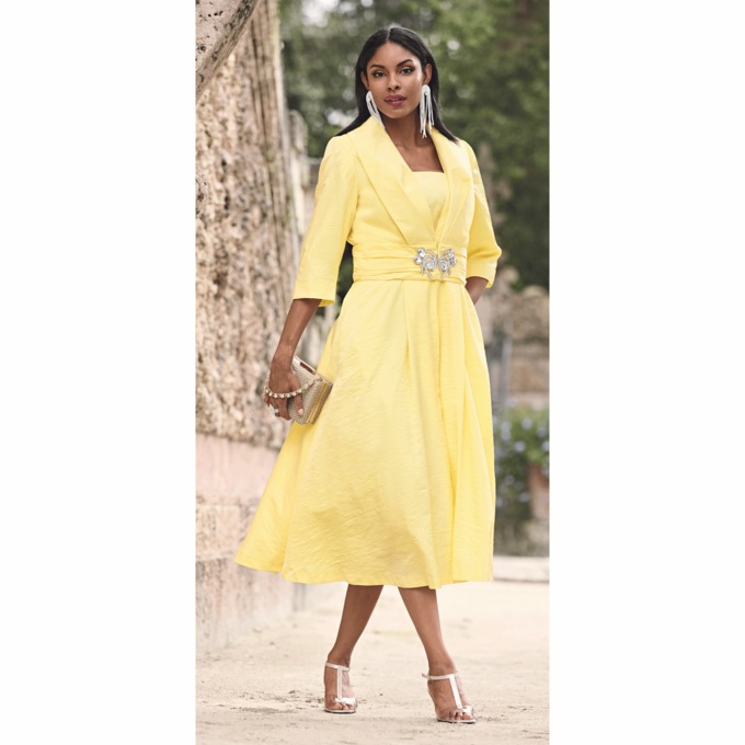 Elegant Fit-and-Flare Sparkling Jacket  Dress with 3/4 Sleeve, Yellow, large