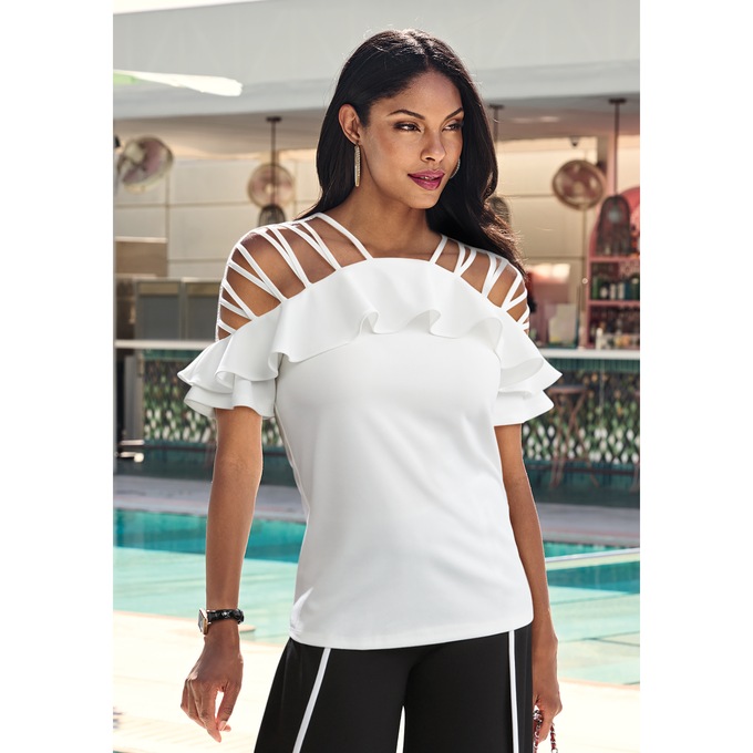 Nina Ruffled Top with Flutter Sleeves and Strappy Cold Shoulders, White, large