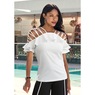 Nina Ruffled Top with Flutter Sleeves and Strappy Cold Shoulders, White, large