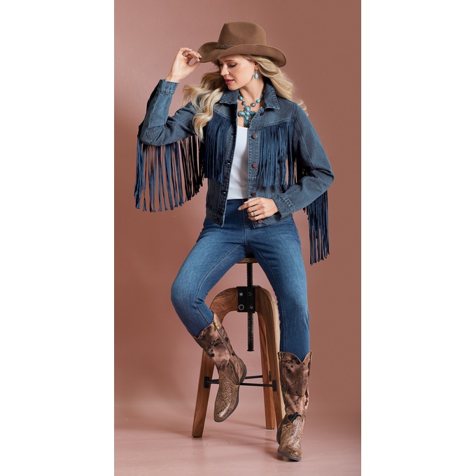 Denim Fringe Jacket, Blue, large