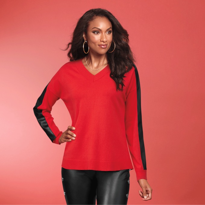 Faux-Leather V-Neck Sweater, , large