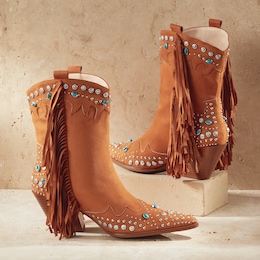 Azalea Wang Anorak Fringe &amp; Stud Faux-Suede Bootie with 3&quot; Heel for Women, , large