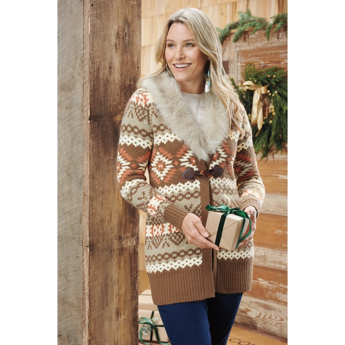 Southwest Faux-Fur Trim Cardigan, , large