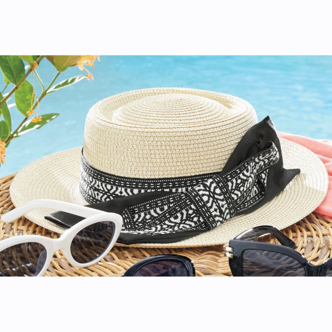 Bowbrim Straw Hat with Woven Ribbon and Adjustable Fit, Natural, large