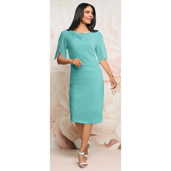 Tulip-Sleeved Stretch-Sheath Dress with Faux Pearl Trim, , large