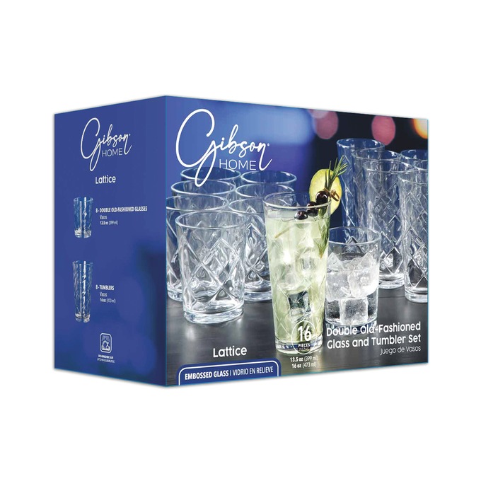 Gibson Home Great Foundations 16-Piece Lattice Double Old-Fashioned Glass and Tumbler Set, , large