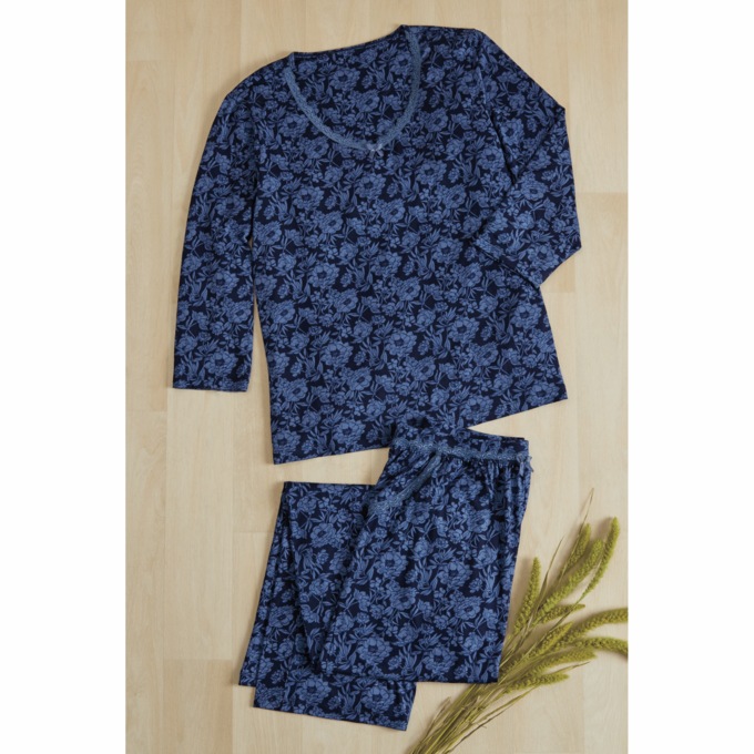 Pretty Lace and Bow Women&rsquo;s PJ Set with Top and Pant in Jersey Knit, , large