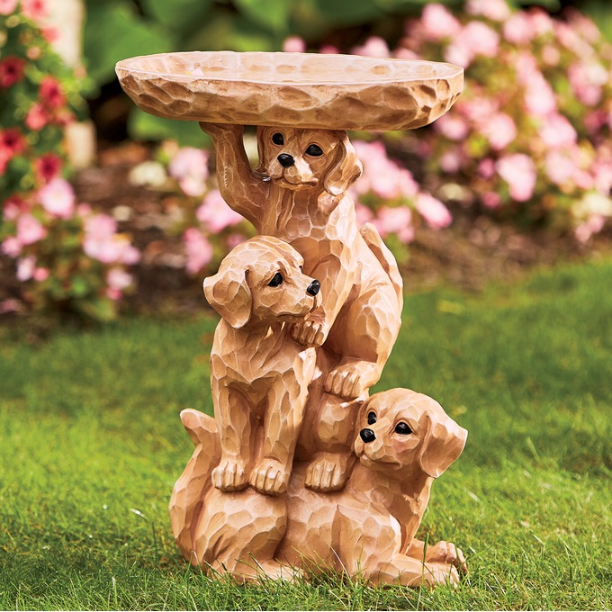 Carved Puppy Birdbath, , large