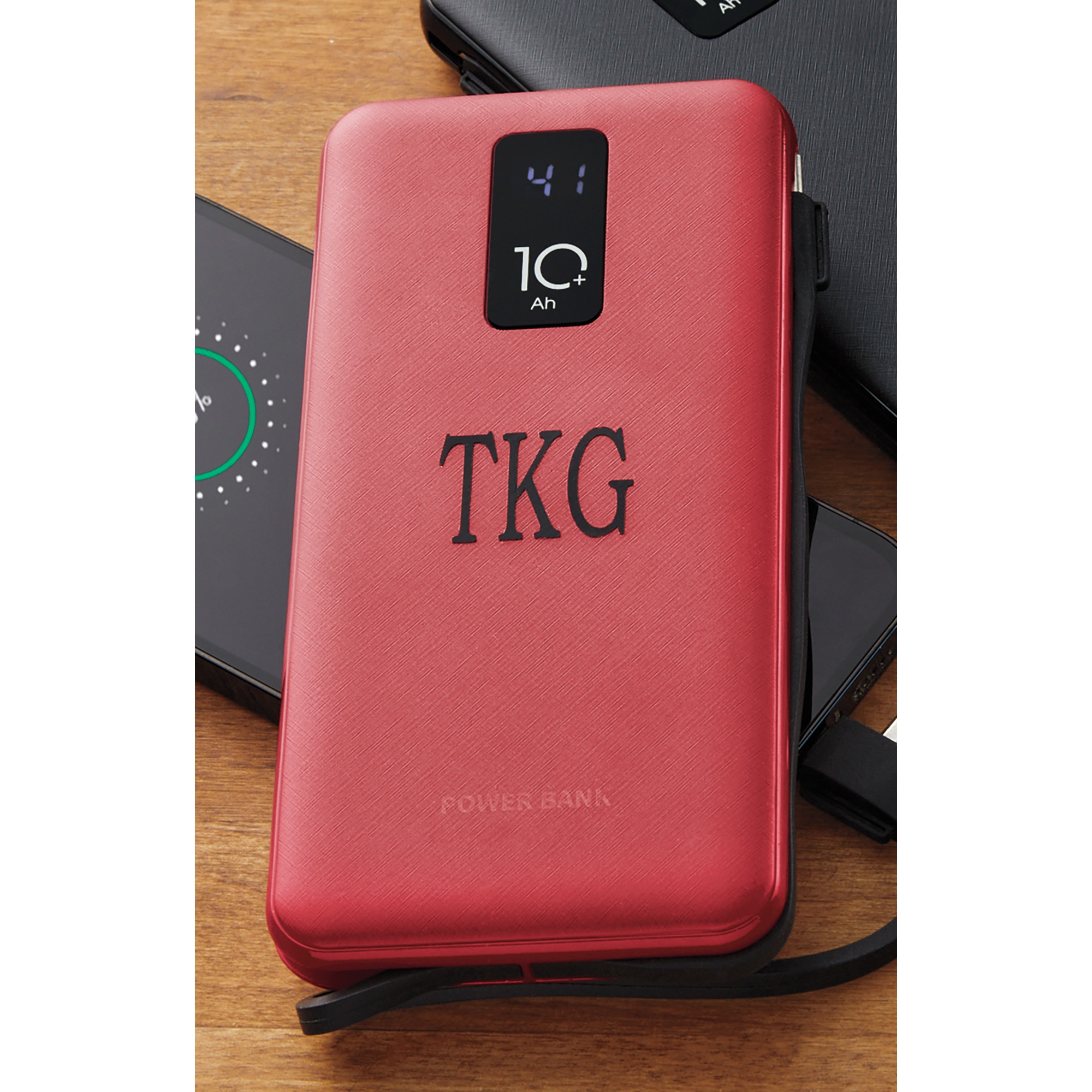 10,000mAh Portable Power Bank with Built-In USB-C, Micro USB and Lightning Cables, Red, large