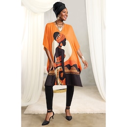 Aku Short Caftan with V-Neckline and Afrocentric Print, , large