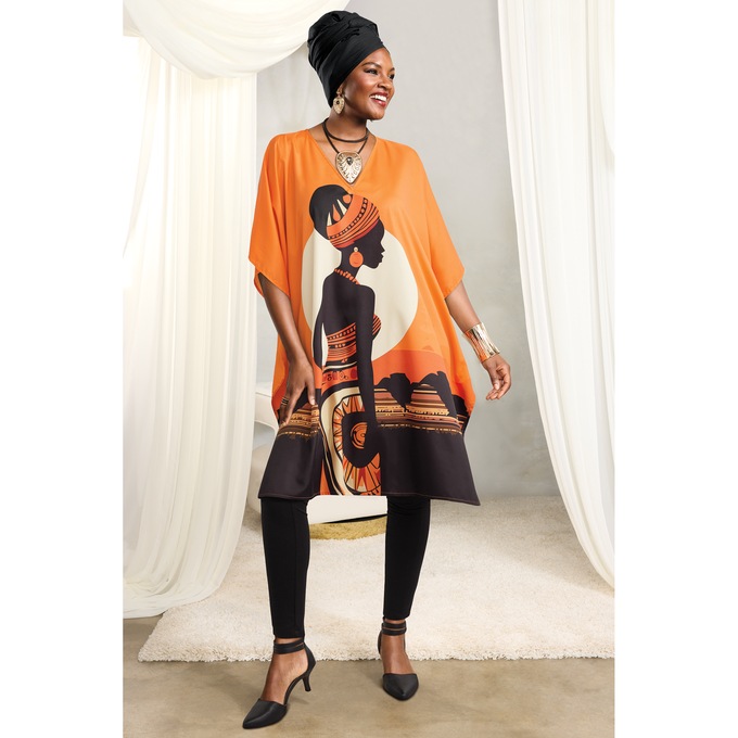 Aku Short Caftan with V-Neckline and Afrocentric Print, , large