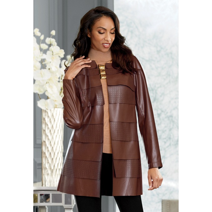 Elaina Faux Leather Jacket with Tiers and Lasercut Designs, , large