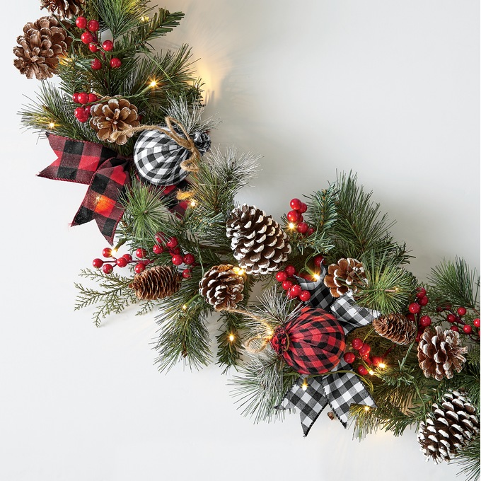 Plaid Ribbon and Pinecone Garland, , large