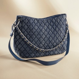 Quilted Denim Hobo Bag &ndash; Diamond-Stitch Shoulder Purse with Chain and Crossbody Strap for Women, , large