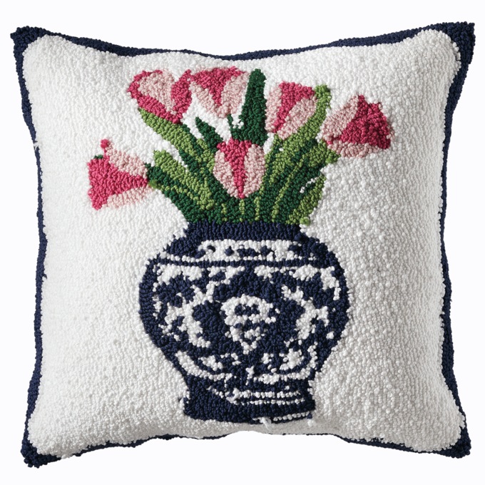 Hand-Hooked Chinoiserie Floral Pillow, , large