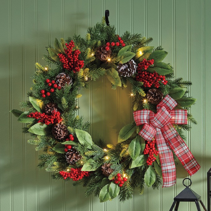 Lit Pinecone and Berry Christmas Wreath, Multi, large