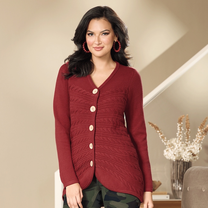 Katrina Button-Front Cardigan Sweater with Cable Knit Detail, , large
