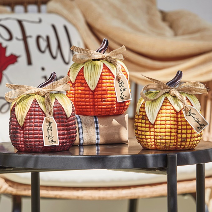 Set of 3 Resin Indian Corn Pumpkins, , large