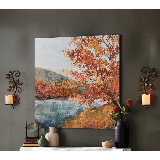 Autumn Lake View Wall Art and Set of 2 Scrolls and Leaves Wall Sconces, , large