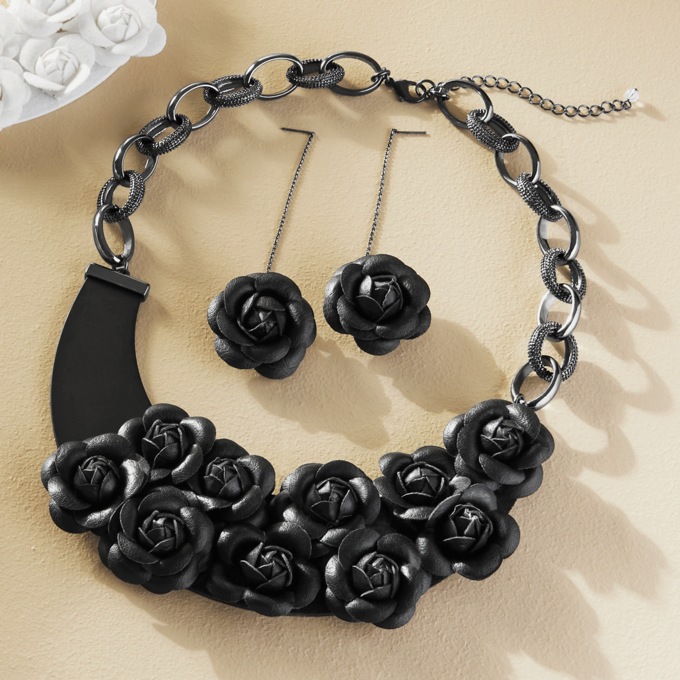 Floral 3-D Bib Necklace & Earring Set, , large